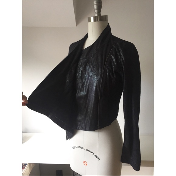 Black Faux Suede Knit Combo Asymmetrical Jacket - Picture 4 of 6
